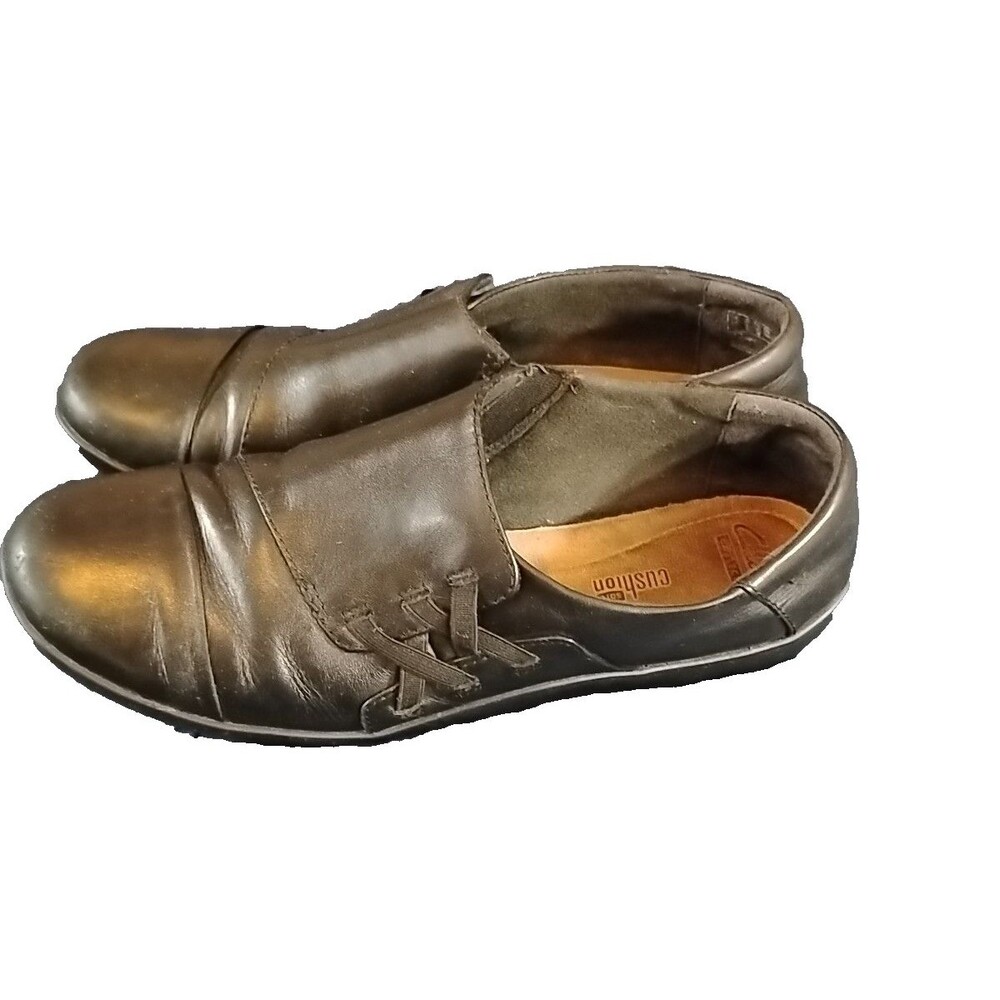 Clarks Collection Black Leather Slip-on Shoes Womens Size 9 Soft Cushion - Picture 2 of 8